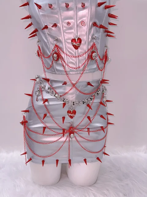 Red Spikey Silver Top and Skirt Set 36