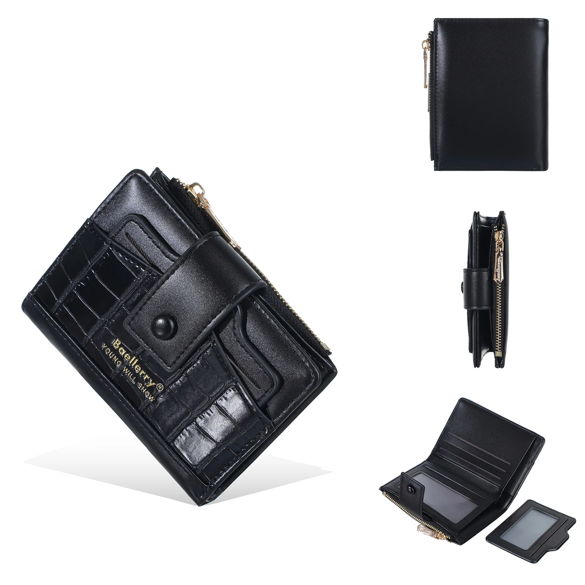 Baellerry Women's Ultra-Thin Short Wallet, Crocodile Pattern Leather, Metal Buckle Design, Simple and Stylish Card Holder