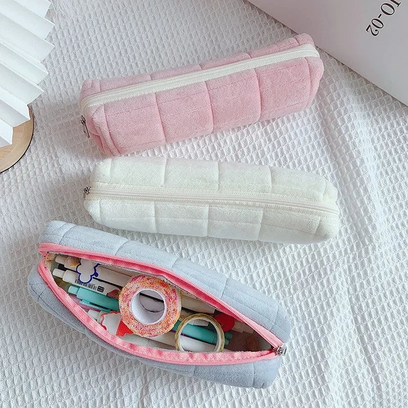 Soft Multifunctional Cosmetic Bag Organizer Large Capacity Pink White Blue Plush Makeup Bag Pencil Case Cute Student Storage Bag 5
