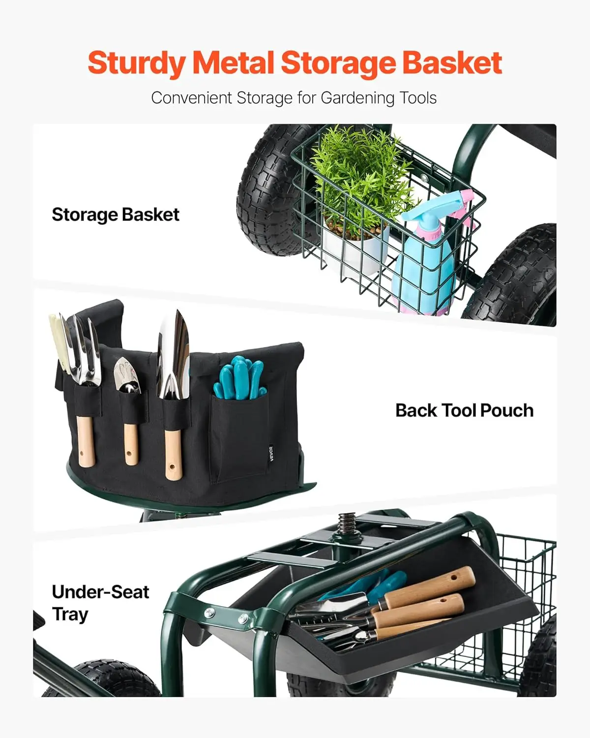 Rolling Garden Seat with Wheels, Gardening Stool with Height Adjustable & 360°Swivel Seat, Ergonomic Backrest & Tool Storage