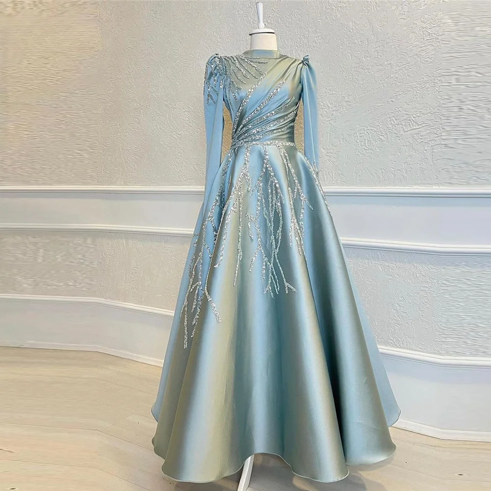 High Neck Long Sleeves Pearls Beading A-Line Back Zipper Long Evening Formal Gown