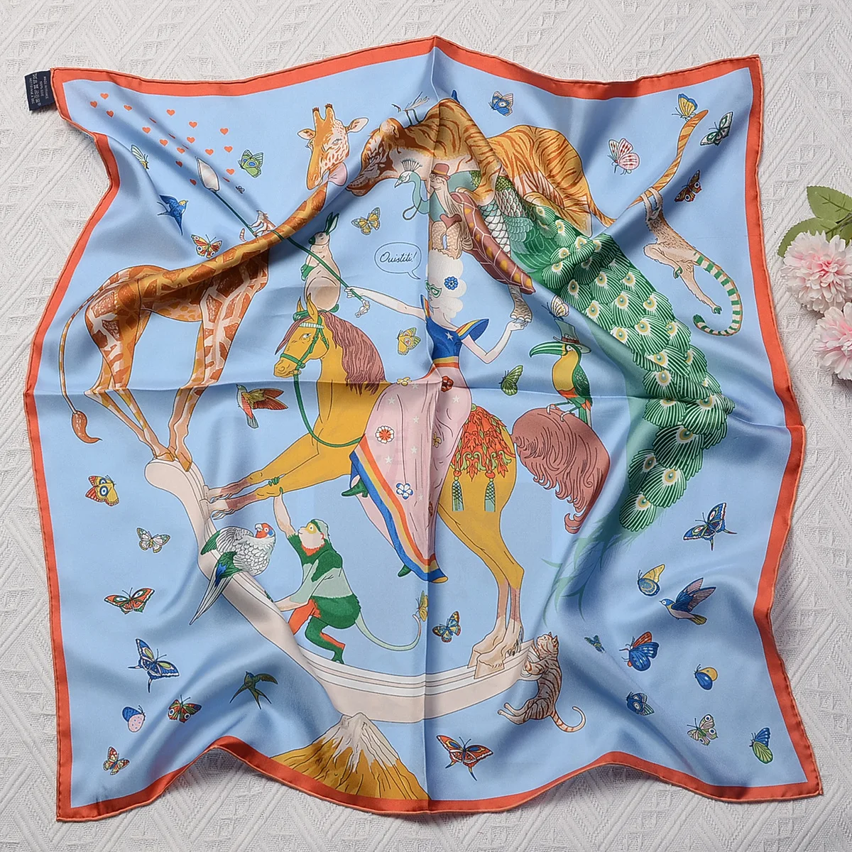 70cm New Design Animals Horse 100% Silk Scarf Women Brand Square Scarf Shawl Hijab Bandana Foulard Hand Rolled Edges Neckerchief