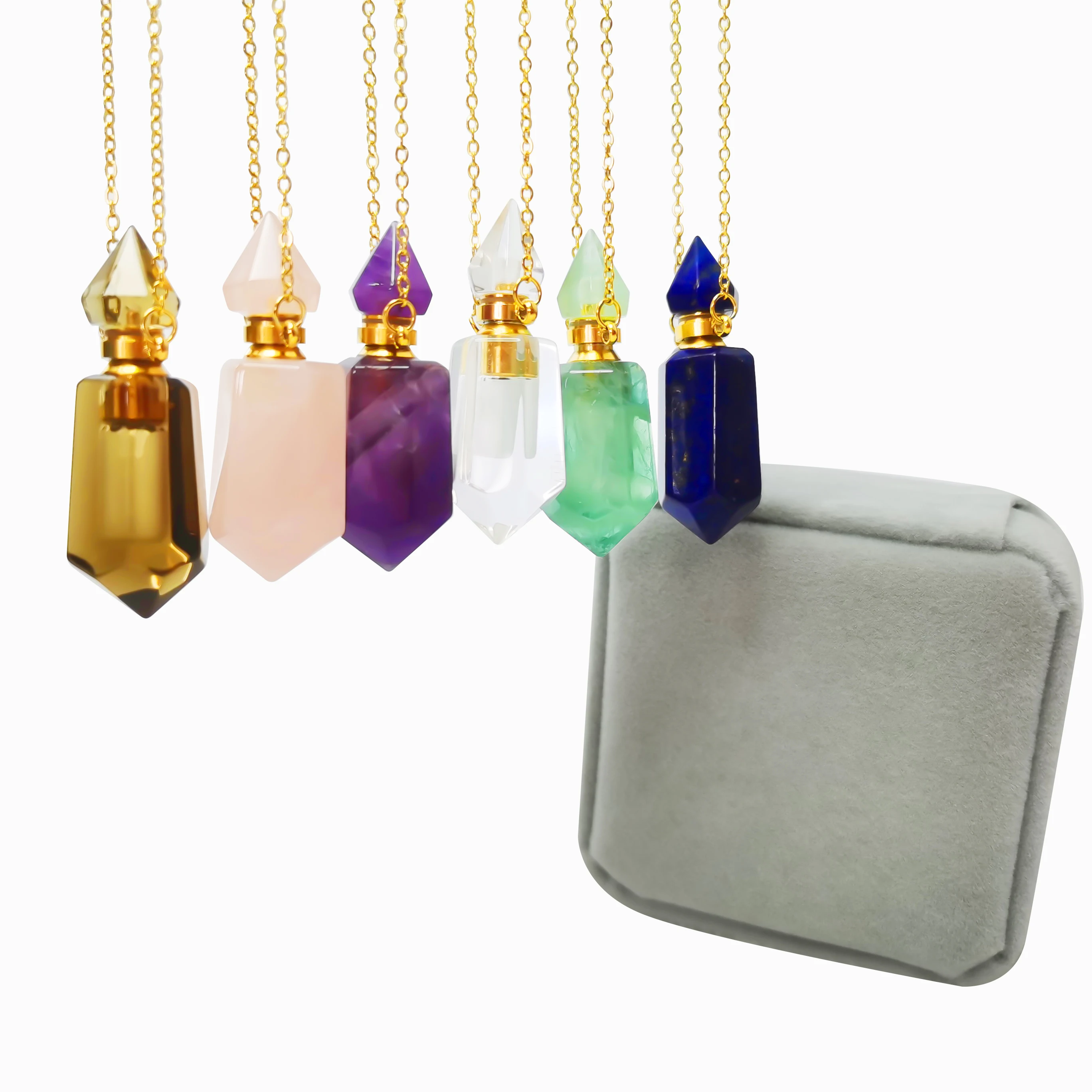 

Natural Crystal Stone Perfume Bottle Necklace Reiki Amethysts Essential Oil Diffuser Pendant Trendy Jewelry for Women