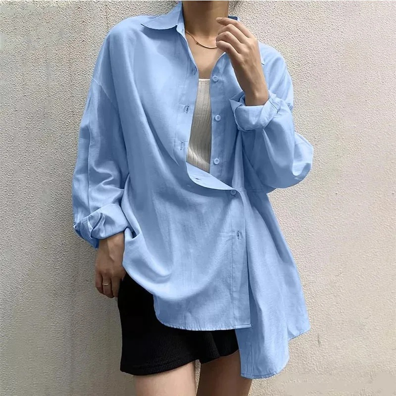 

Women's autumn casual long sleeve solid color shirt top button high and low hem shirt