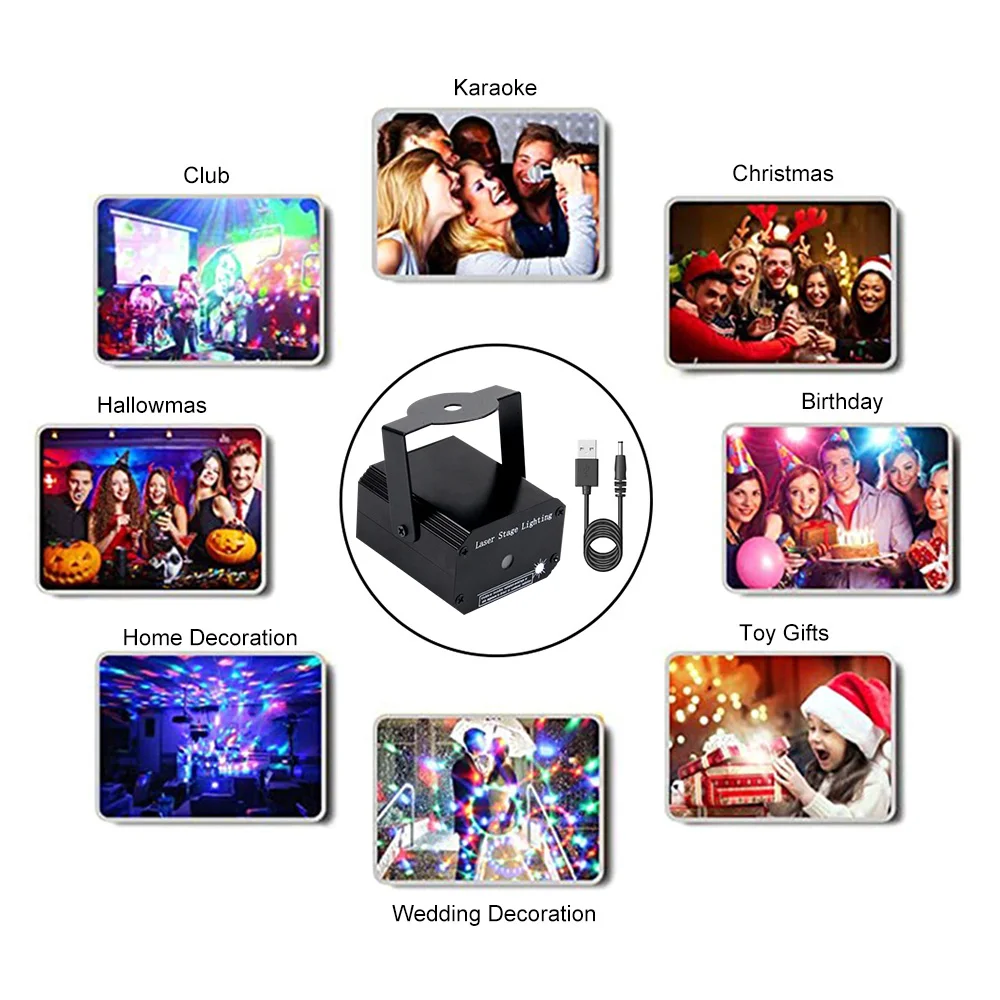 USB 전원 LED 무대 조명, DJ 디스코 라이트 프로젝터, 레이저 램프 사운드 활성화, 레드 그린 스트로브 라이트, 매직 볼, 크리스마스 파티 라이트