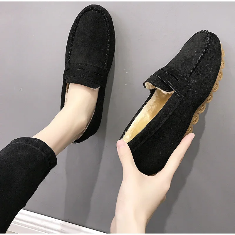 Winter Women Shoes Flats Loafers Short Flock Inside Sewing Slip-On Casual Ladies Non-Slip Bottom Warm Female Comfortable Shoes