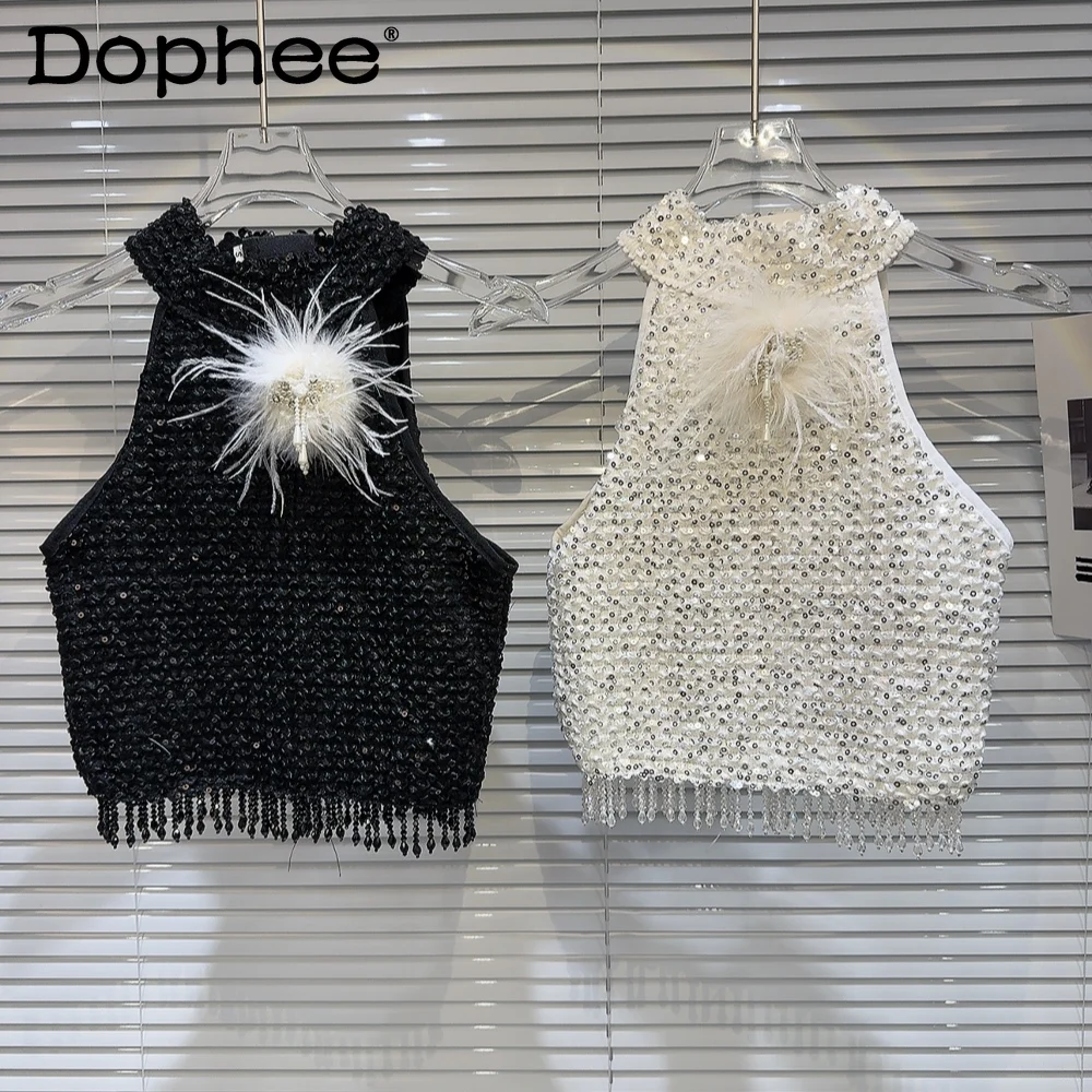 

Crop Top Women 2024 Spring New Elegant Plush Pin Pleated Bright Silk Fabric Halter Spaghetti Straps Vest Korean Fashion Clothing