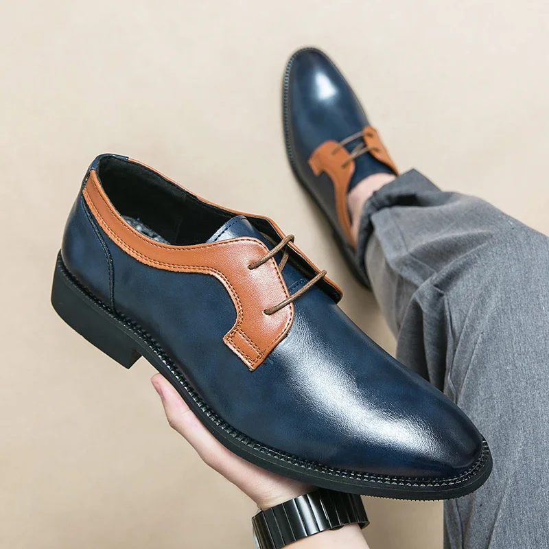 New Derby Shoes for Men  Mixed Colors Lace-up Round Toe Fashion Business Men Dress Shoes Pu Leather  Men Shoes