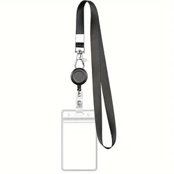 Premium Black Retractable Badge Reel Set with Waterproof Card Holder and Durable Lanyard (1 Set)