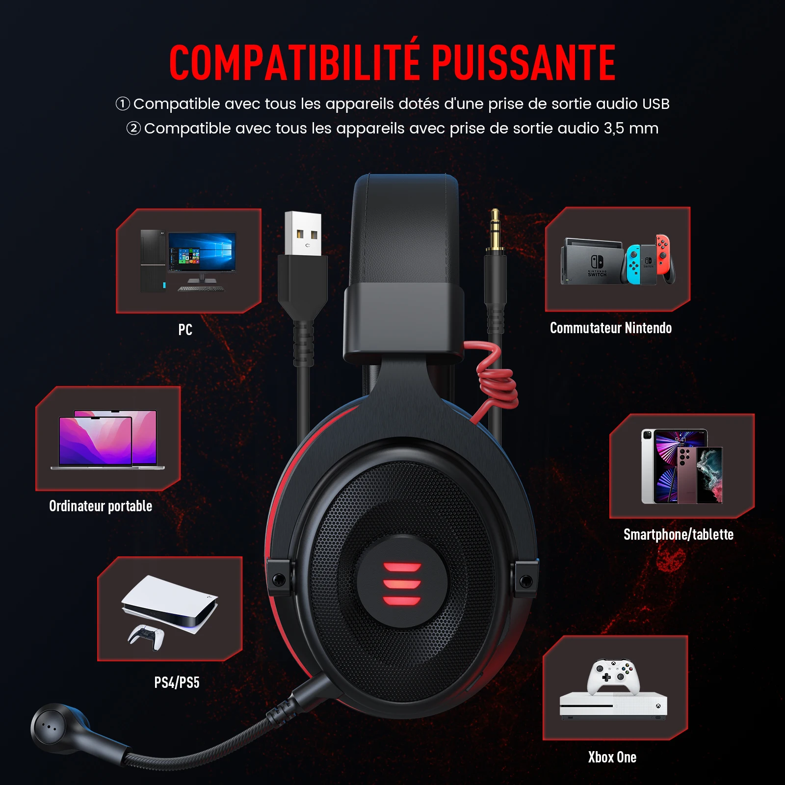 Casque Gamer PC Stéréo USB Plug 3.5 mm Microphone Smartphone Tablette  Ordinateur Portable Rouge