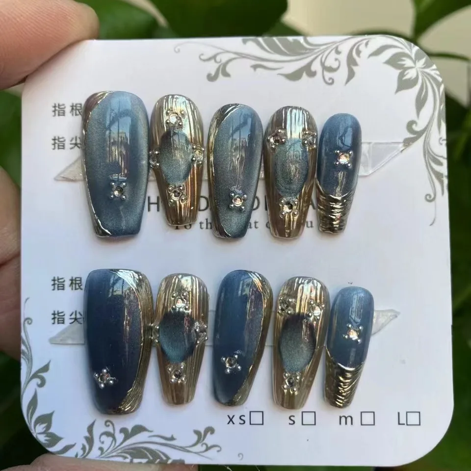 

Handmade10Pcs Blue Cat Eye Press on Nails Short to Long Gemstone Wearable Rhinestone False Nails Decor Glitter Manicure Nail Tip