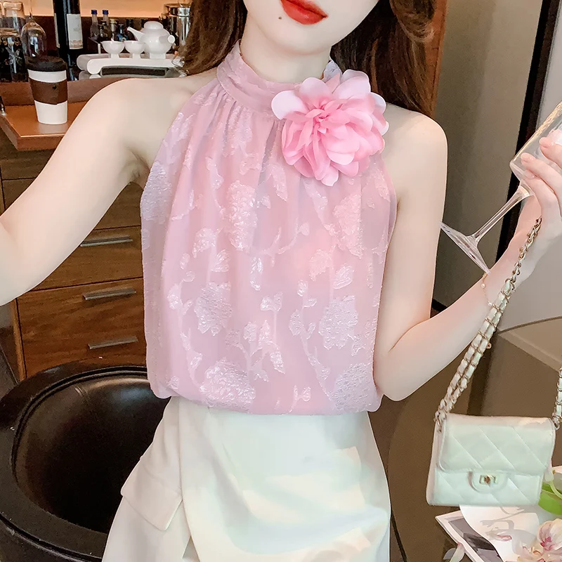 

Корейская элегантная шифоновая рубашка с 3D цветами, сетчатая блузка с воротником хомутом и принтом Wonen, женские летние свободные топы без рукавов 2023, одежда 27747
