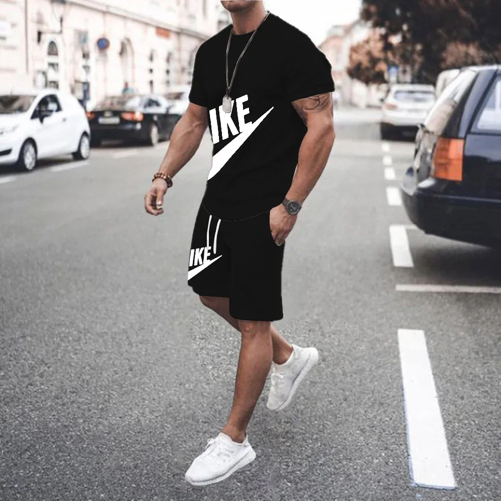 Summer Men's Clothing Two Pieces Sets Mens Casual Tracksuit Men Print Short Sleeve Sets Mens T-shirt + Shorts Fitness Sports Set