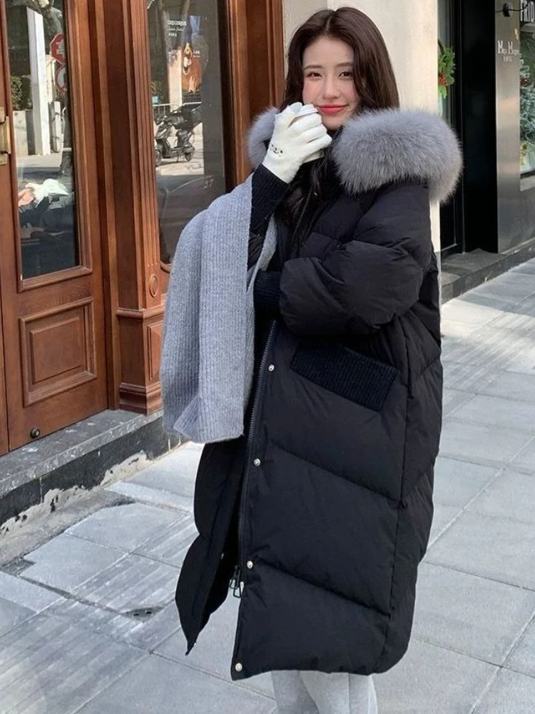 90% Long-Style Down Jacket Women Fall Winter 2023 New Long Sleeve Thicken Warm Loose Puff Jackets Chic with A Hood Coats