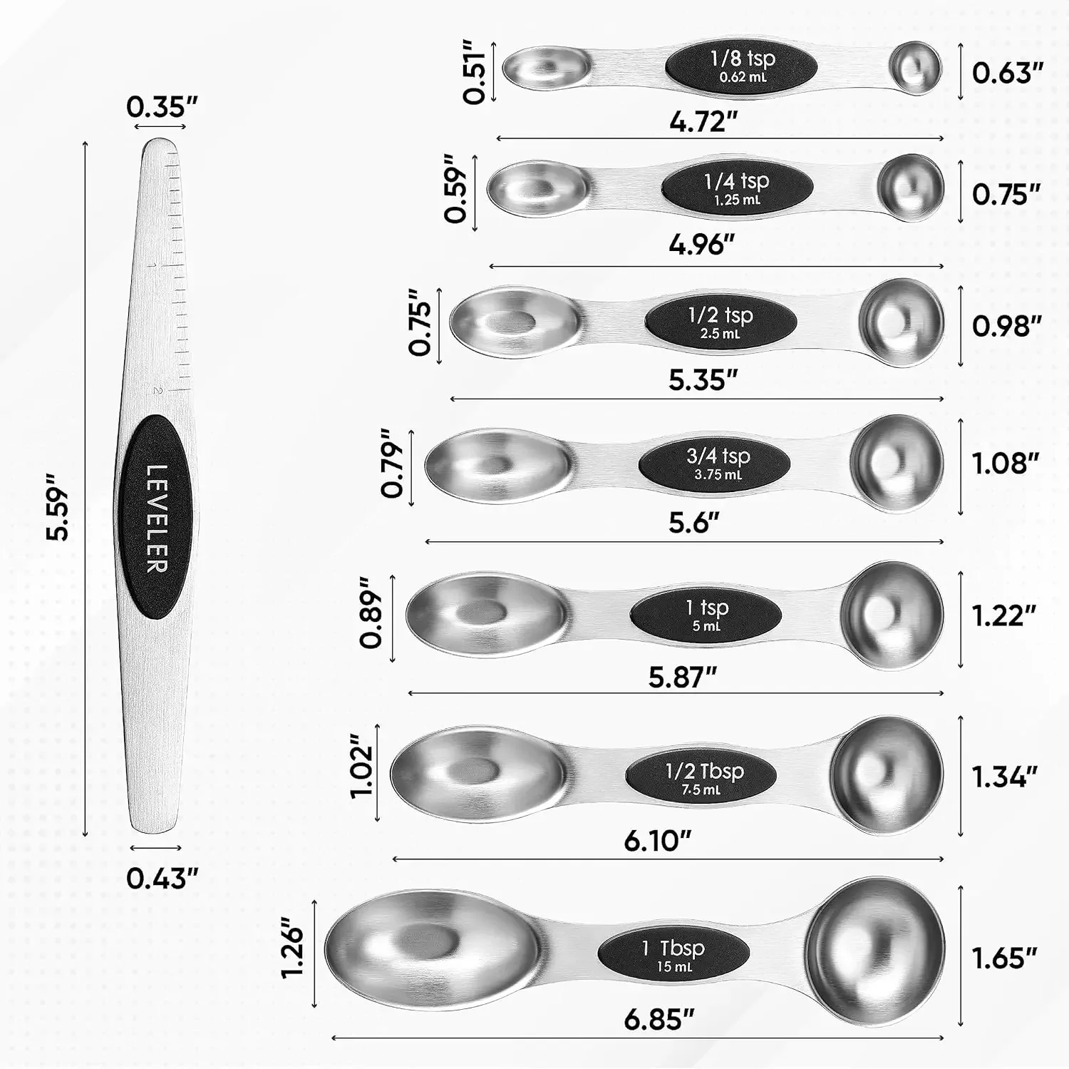 Set 8 Cucchiai Dosatori Magnetici In Acciaio Inox: Misurini Da Cucina Con Forti Magneti N45, Adatti A Barattoli Di Spezie