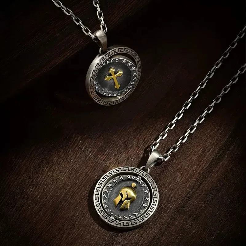 

Fashion Cross Mask Necklace For Men Retro Hip Hop Rotary Double Sided Round Plate Pendant Sweater Chain Punk Jewelry Accessories