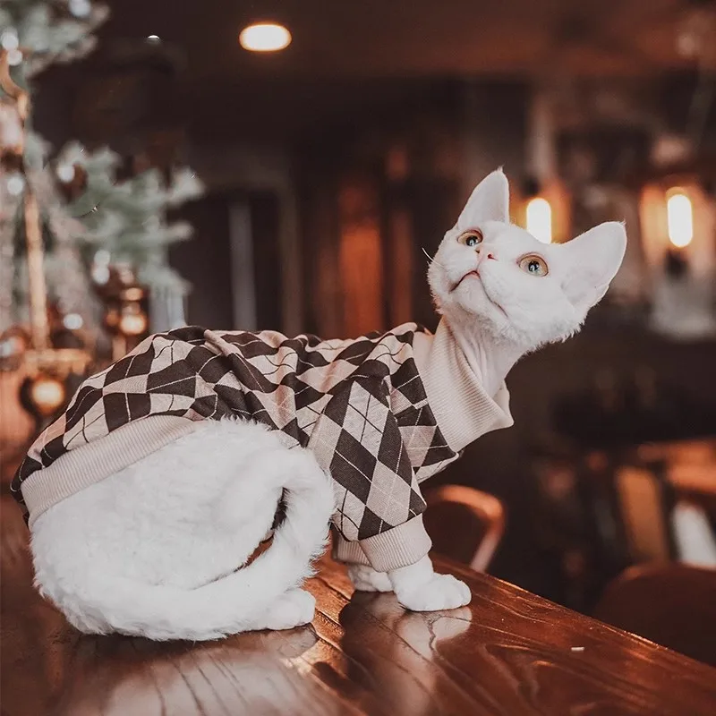 클래식 브라운 영국 체크무늬 애완동물 풀오버 - 고양이 의류 테마 후디