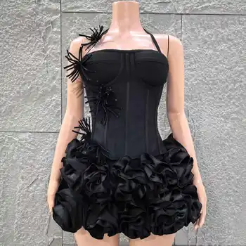 2025 New Black Color Women Sexy Strapless Florals 2 Pieces Bodycon Mini Bandage Dress Celebrate Nightclub Party Bar Singer Wear 1