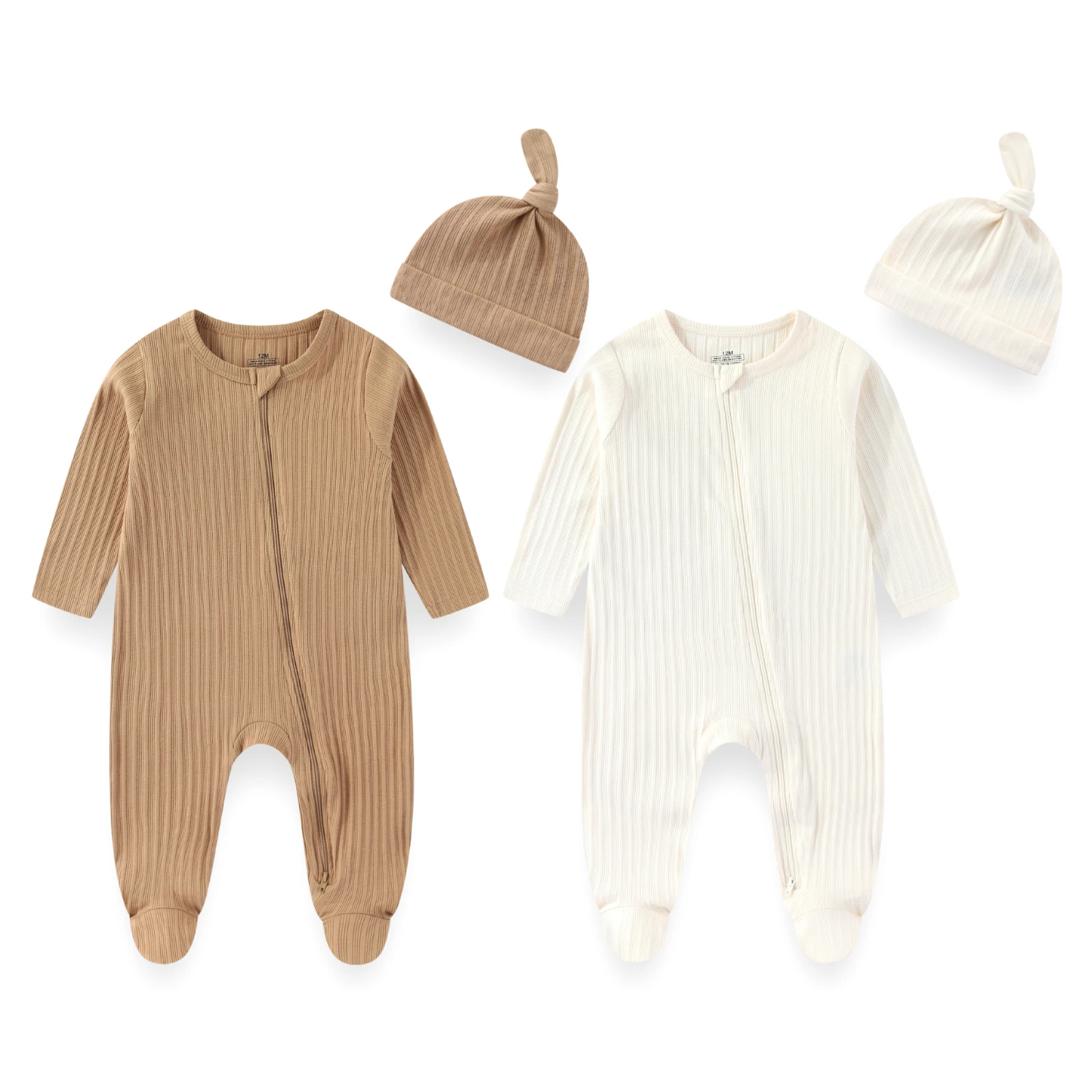 4피스 순면  단색 옷 세트 양면 지퍼 옷 남아 여아 공용 0-12개월 긴팔 롬퍼+모자 봄