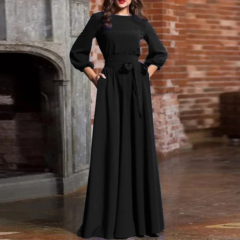 Vintage Bow Tie Maxi Dress 2024 Women Lantern Sleeve Long Party Dresses  Autumn Elegant Floor-Length Dress Robe De Soiree - AliExpress 200000345