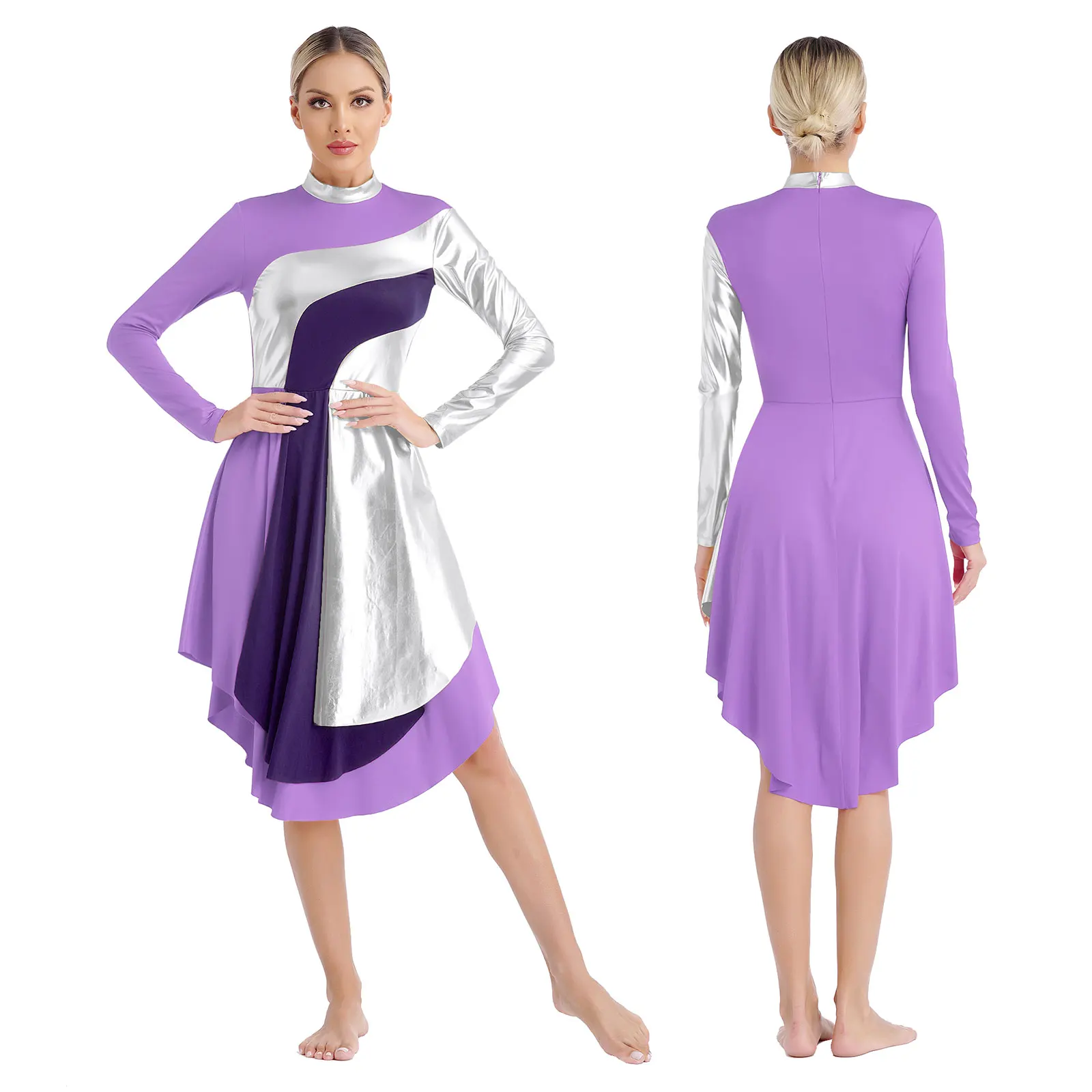 thumbnail image 1 of Vestidos de baile de adoración litúrgica para mujer, cuello simulado, manga larga, dobladillo curvo, coro, Ballet, danza lírica, vestido de actuación, 1 of 5