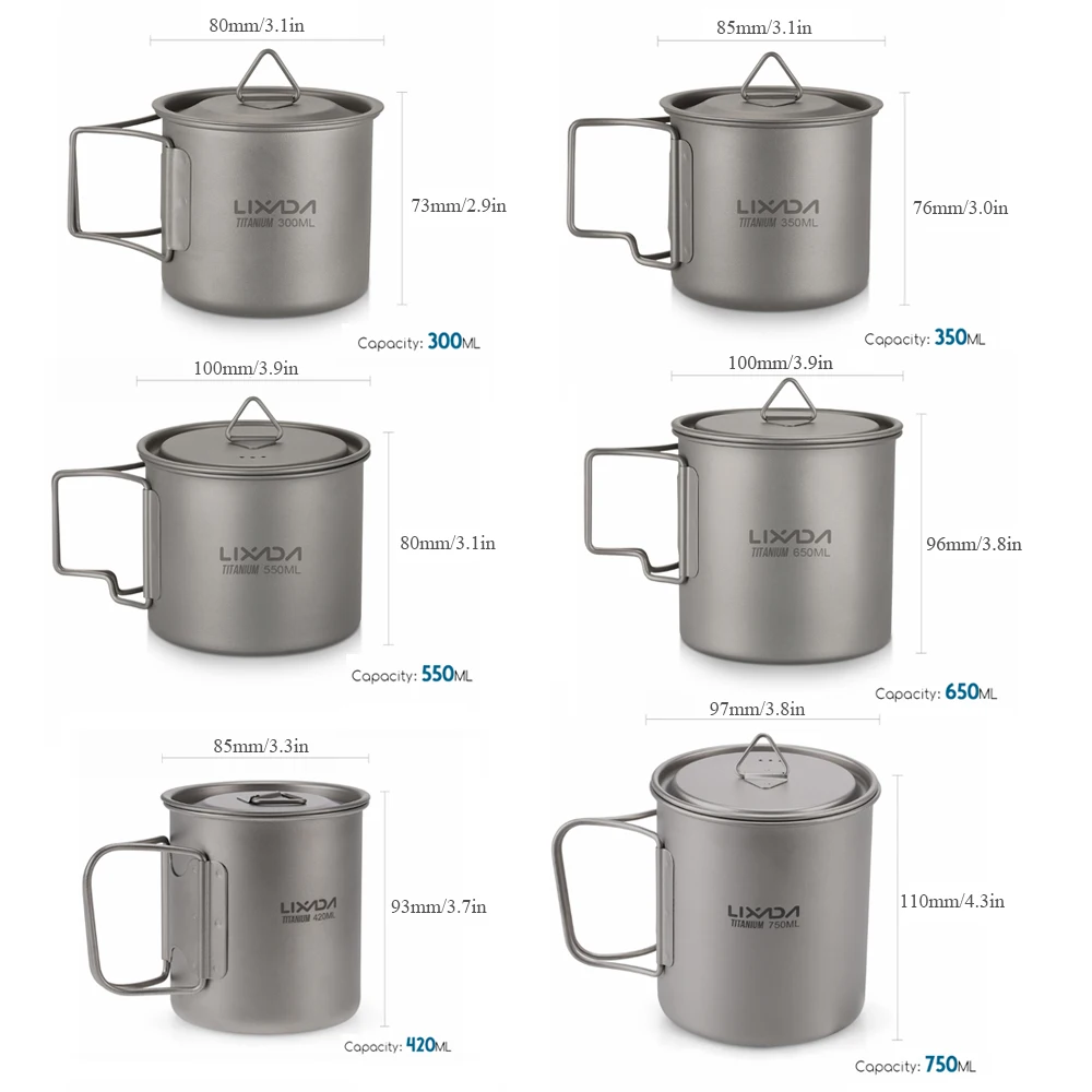 Lixada Ultralight Titanium Cup Mug 300/350/550/650/750ml Water Cup Camping Picnic Water Mug Tableware Foldable Handle