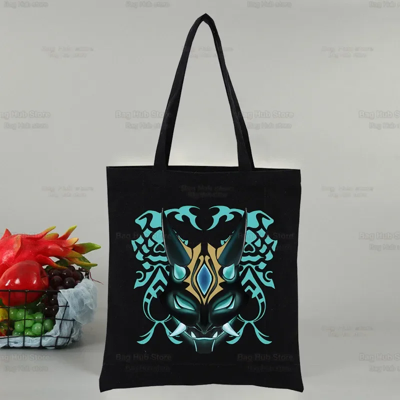 

Genshin Impact Canvas Black Tote Bag Female Game Anime Handbags Eco Xiao Shopping Bag Hu Tao Book Bags Zhong Li Shopper Bag