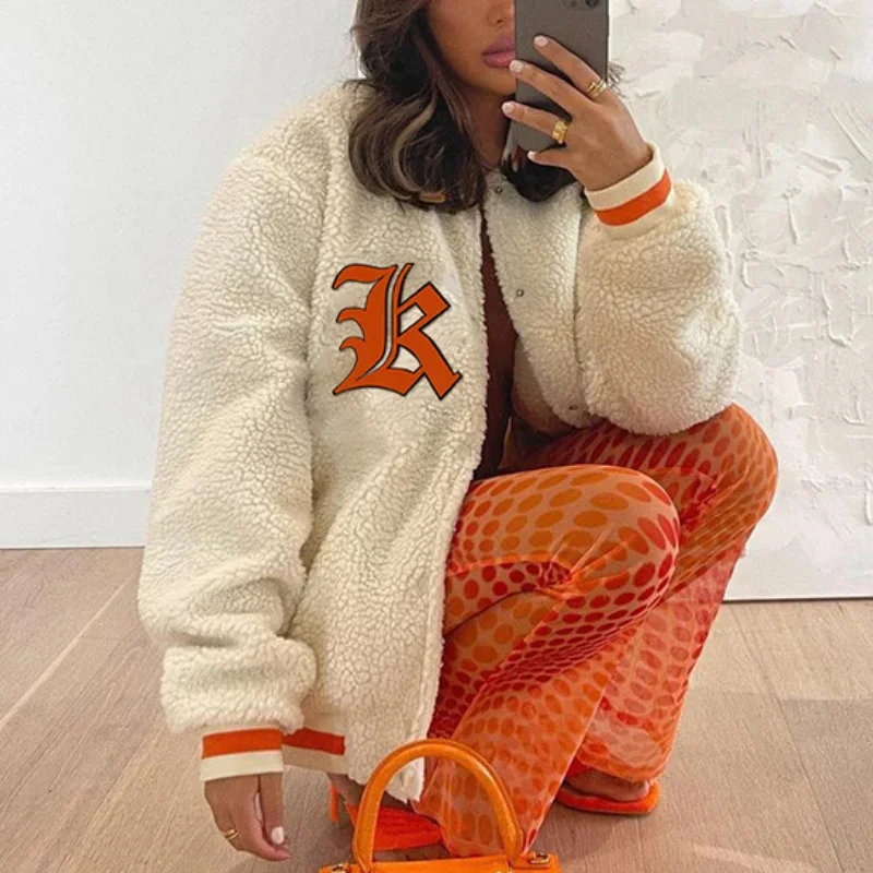 2024 Autumn New Women Fashion Letter Embroidery White Orange Contrast Stitching Loose Stand-up Collar Lamb Velvet Jacket Jacket contrast stitching letter combat boots