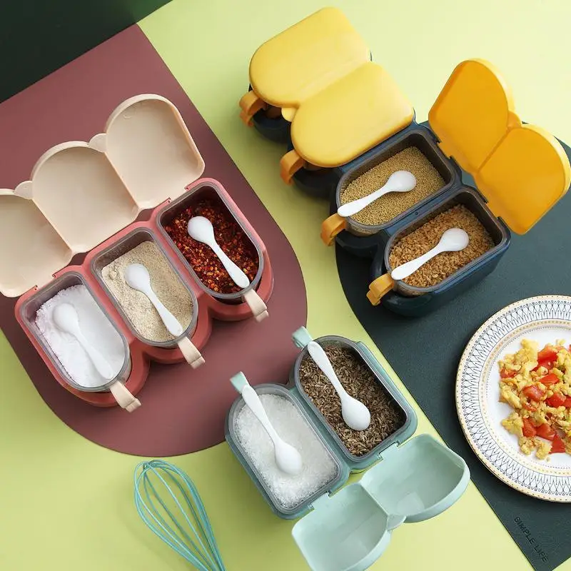 1Set Household Multi Grid Seasoning Box with Spoon,Divided Grid Seasoning Box,Kitchen Seasoning Box, Color Blocked Seasoning Box