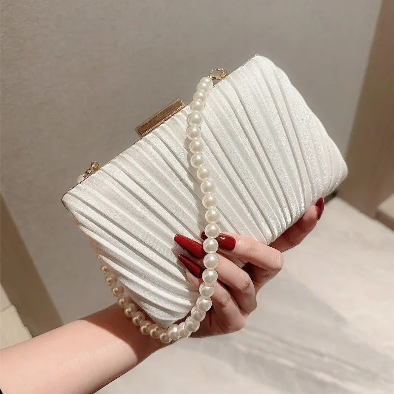 Borsa da Sera in Seta Elegante per Donne, Clutch con Catena di Perle, Borsa a Tracolla di Lusso, Borsetta Femminile per Matrimoni e Feste - immagine 3