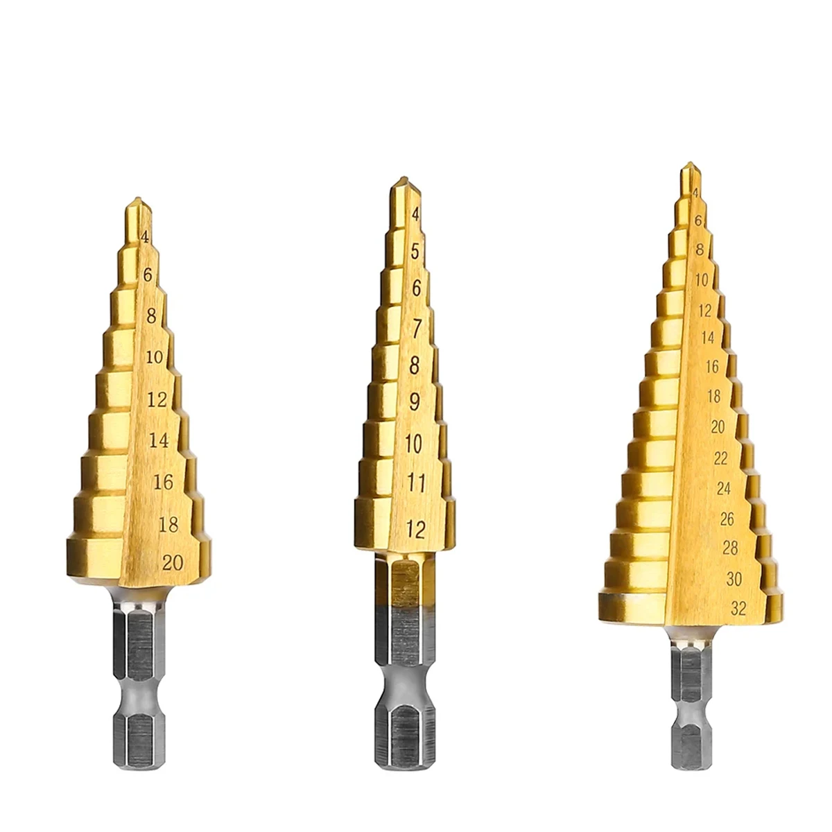 

3PCS HSS Titanium Coated Step Drill Bit Set 4-12mm 4-20mm 4-32mm Straight Groove High-Speed Steel Perfect for Wood Metal Plastic