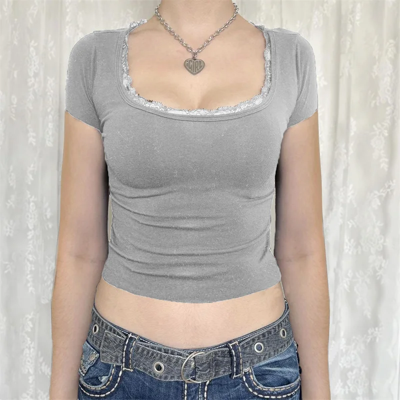 y2k Lace Trim Crop Top 2000s Women Clothes Solid Color Square Collar Short Sleeve T Shirt Aesthetic Clothing Streetwear