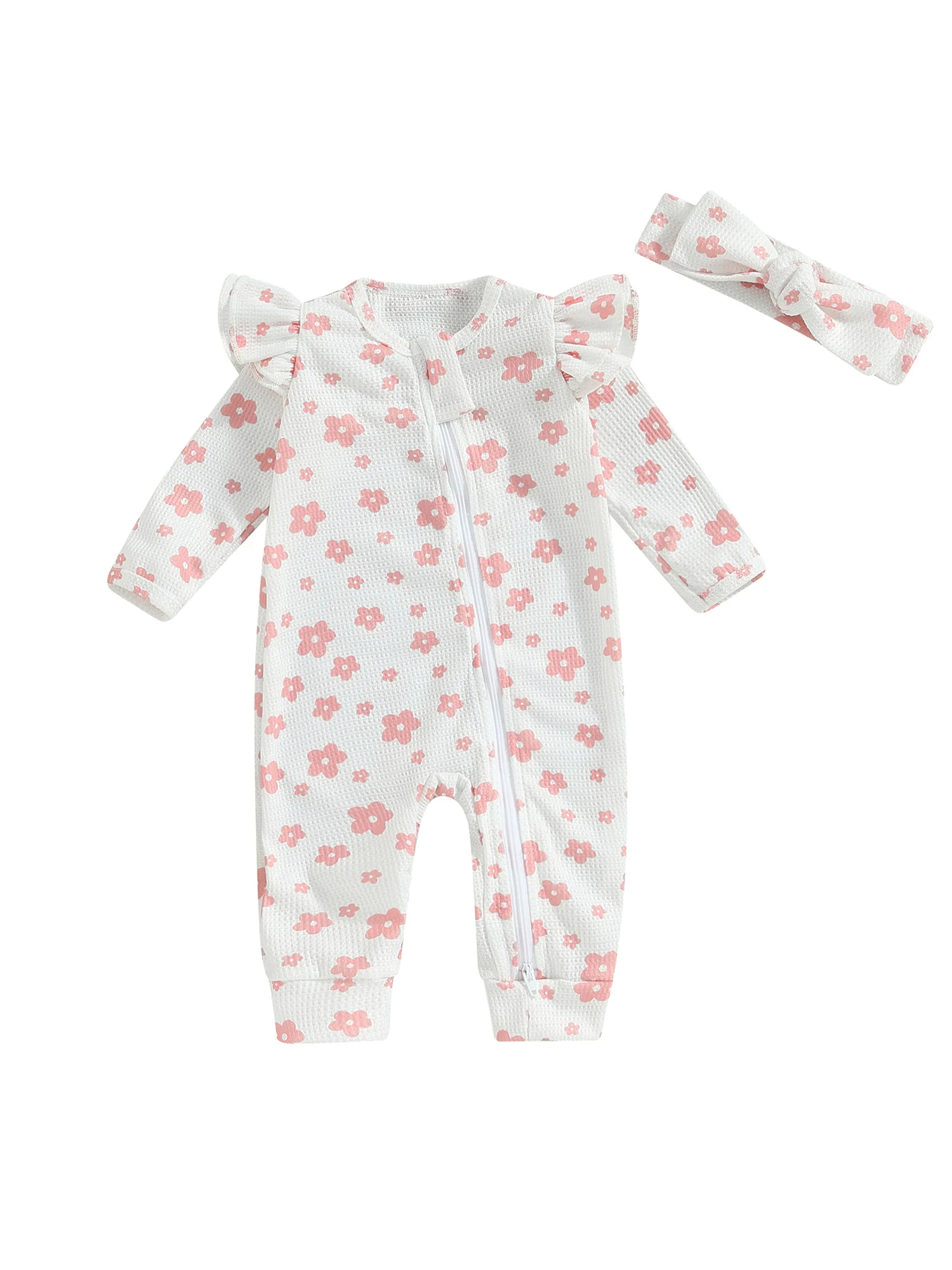 

Baby Girls Cute Floral Print Romper with Ruffle Details and Matching Headband for Autumn Casual Wear