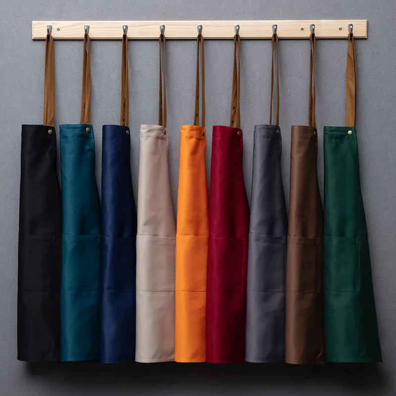 Customized Embroidery Print Logo Signature Waterproof Kitchen Home Chef Baking Clothes With Pockets Adult Bib Waist Bag Aprons 3