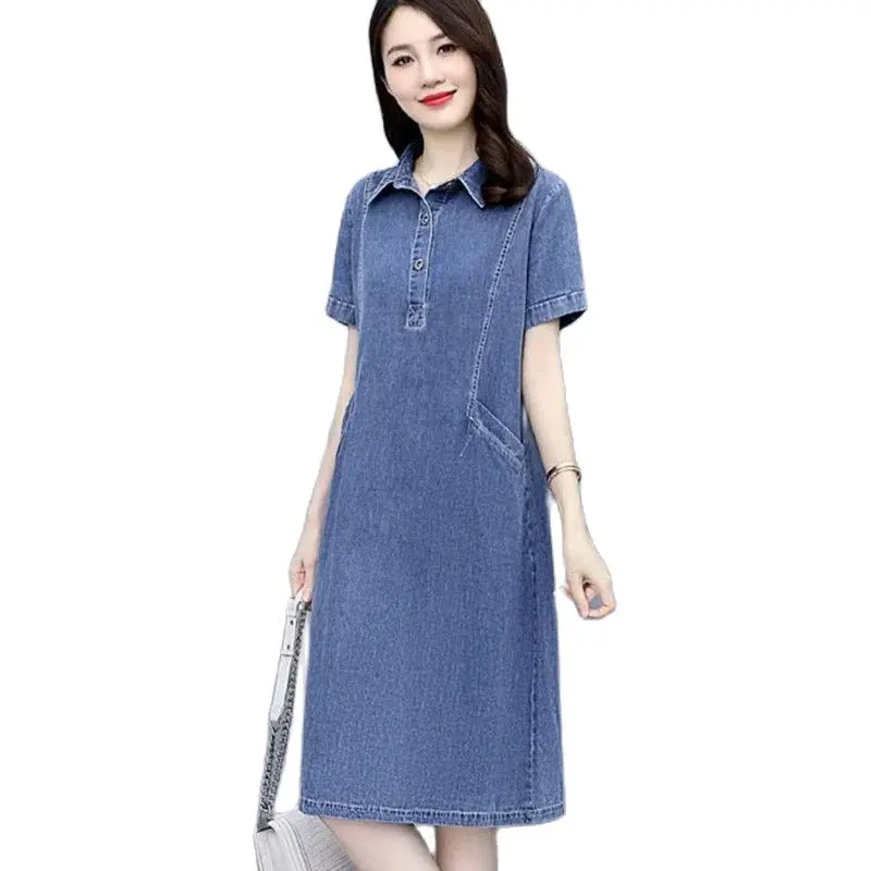 

2022 New Cowboy Dress Summer Women Coat Fashion Loose Short Sleeve Leisure Sense Of Luxury Shirt Collar Ladies Denim Dress