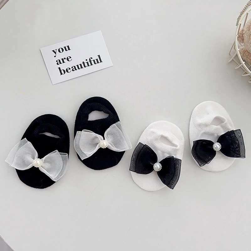 여아용 공주 양말, 미끄럼 방지 짧은 양말, 레이스 활 진주, 우아한 고무 바닥 양말, 실내 A1190