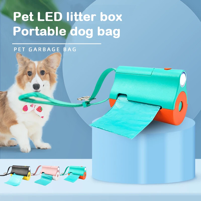 Distributeur portable de sacs à crottes de chien avec lampe de poche LED,  clip de laisse, support de sacs à déchets pour animaux de compagnie mains  libres avec sangle, accessoire de marche 