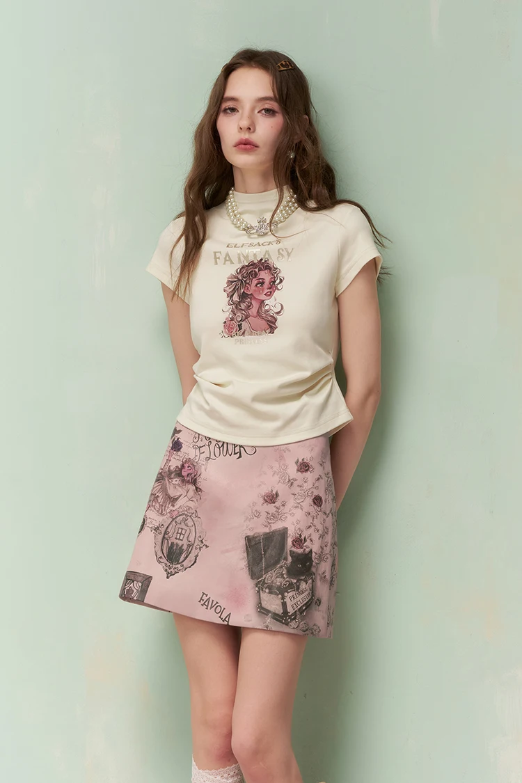 ELFSACK Women's Pink A-Line Mini Skirt, Gothic Cat & Floral Print, High Waist Fit, Ideal for Street Style, Party & Casual Wear