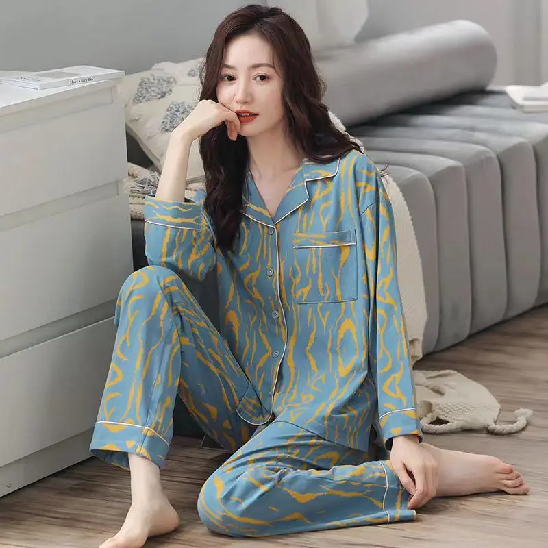 Sleepwear Women Spring Autumn Cotton Pajama Sets Long Sleeve Cardigan Pants Pyjamas Korean Lapel Print High-end Loungewear Suit