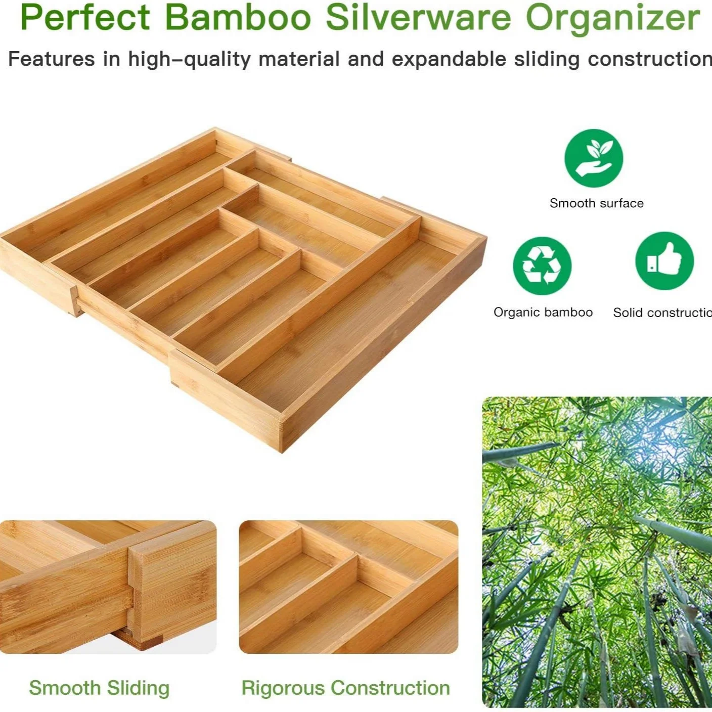 Adjustable Expandable Bamboo Drawer Organizer for Kitchen,Bedroom or Living Room-Ideal for Organizing Cutlery,Silverware& Knives 5