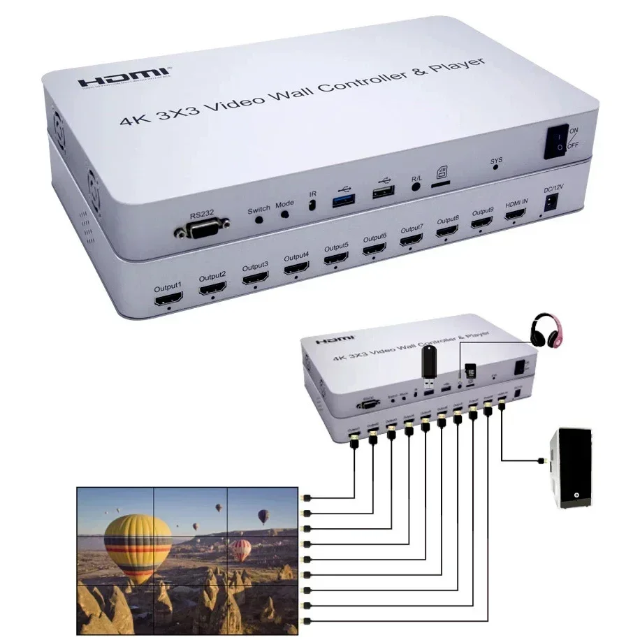 4K 3x3 HDMI 비디오 월 컨트롤러 & 플레이어 멀티 스크린 스플라이싱 프로세서 2x2 2x3 2x4 1x3 1x4 9 유닛 TV 스플라이서 플러그 앤 플레이