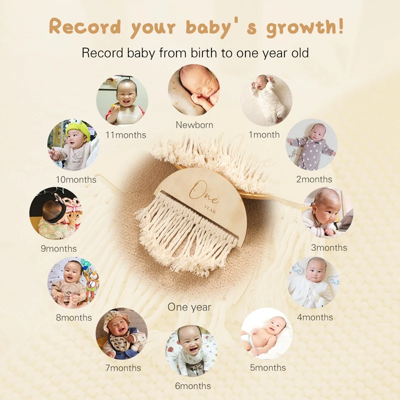 7pcs/set Wooden Baby Monthly Milestone Cards Tassel Double Sided Wooden Monthly Milestones Newborn Photoshoot Props Shower Gifts hand & footprint makers booklet