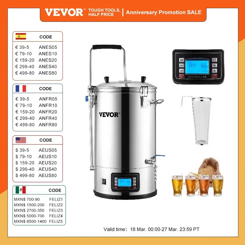 VEVOR 35L 110/220V 304 Stainless Steel All-in-One Home Beer Brewer Electric Brewing System with Pump Brewing Beer Equipment Kit dc 12v 18w brewing homebrew pump circulation brushless beer pumps