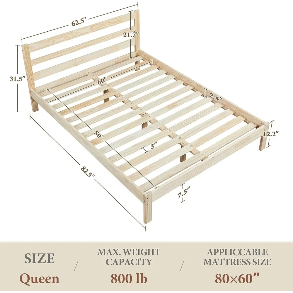 Bed Frame Solid Pine Wood Platform Bed with Paneled Headboard, Wicklow Style/Wooden Slats Support/Noise-Free 3