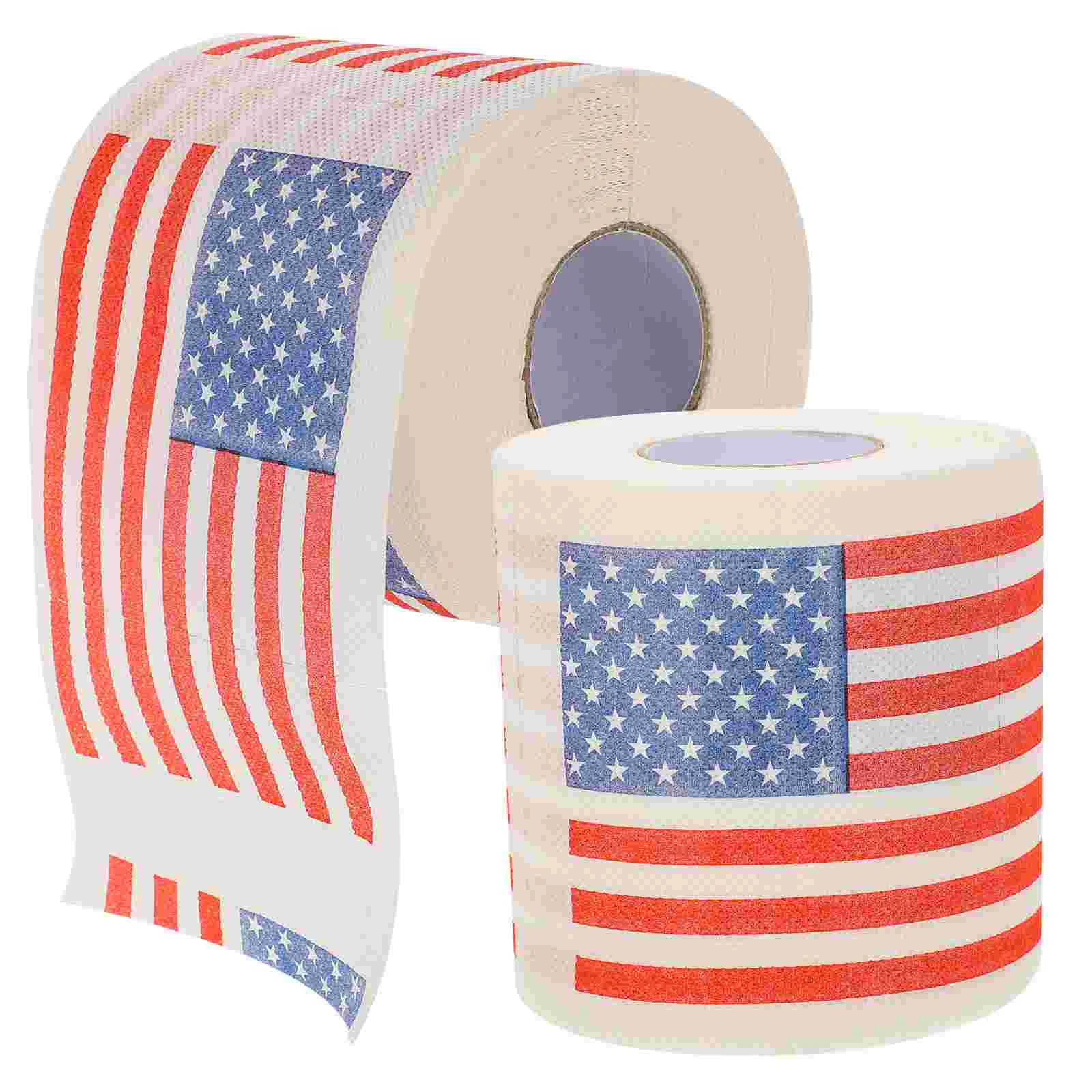 2Pcs American Flag Printed Toilet Paper Premium Wood Pulp Safe Material Bathroom Tissue Roll Napkin Paper Soft Smooth Lines