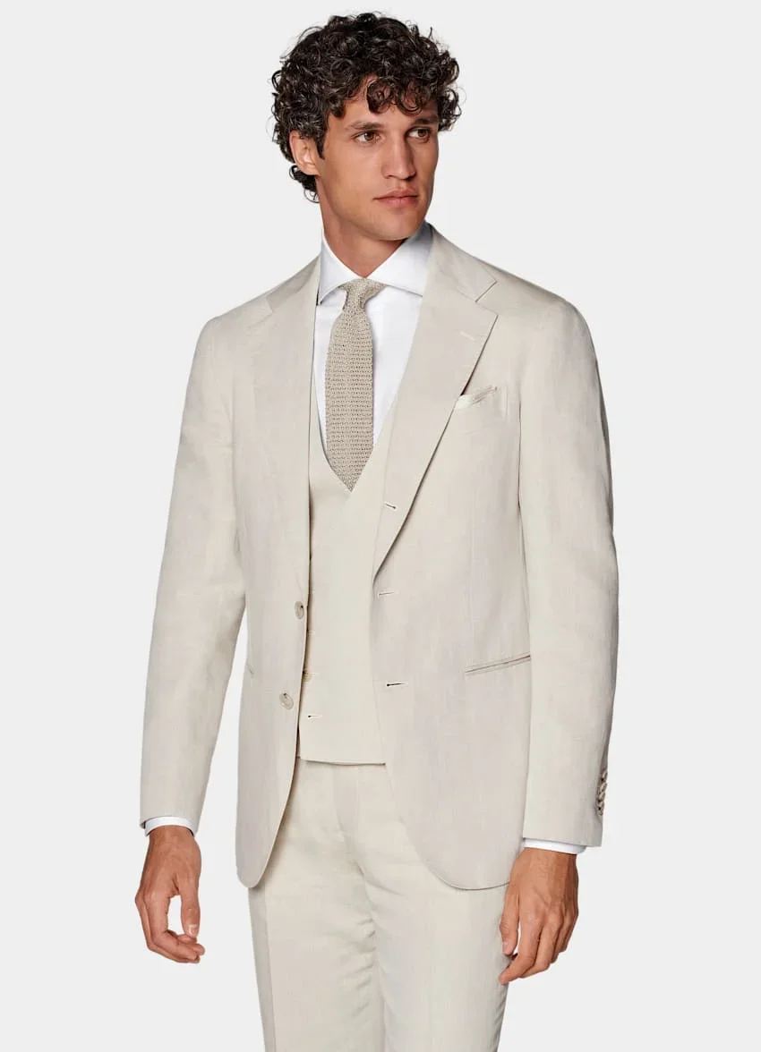 Elegant 2024 Beige Summer Linen Men Suit Smart Casual Slim Fit Blazers Business High Quality Custom 3 Piece Set Costume Homme