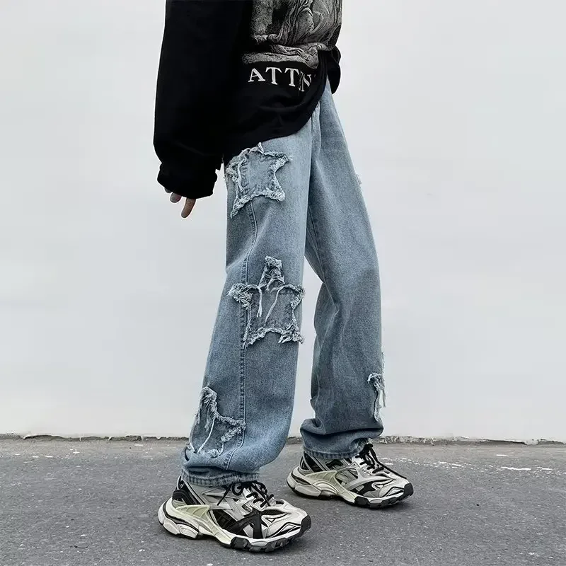 2023 New Fashion Star Embroidery Brown Men's Jeans Y2K Vintage Hip Hop Pants Straight Trousers Floor Slam Pants Calça Masculina