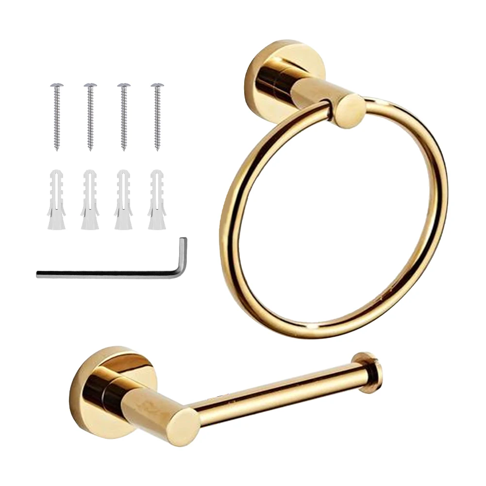 

2pcs Solid Wall Mounted Hardware Bathroom Towel Ring Heavy Duty Stainless Steel With Screws Hotel Wrench Toilet Paper Holder Set