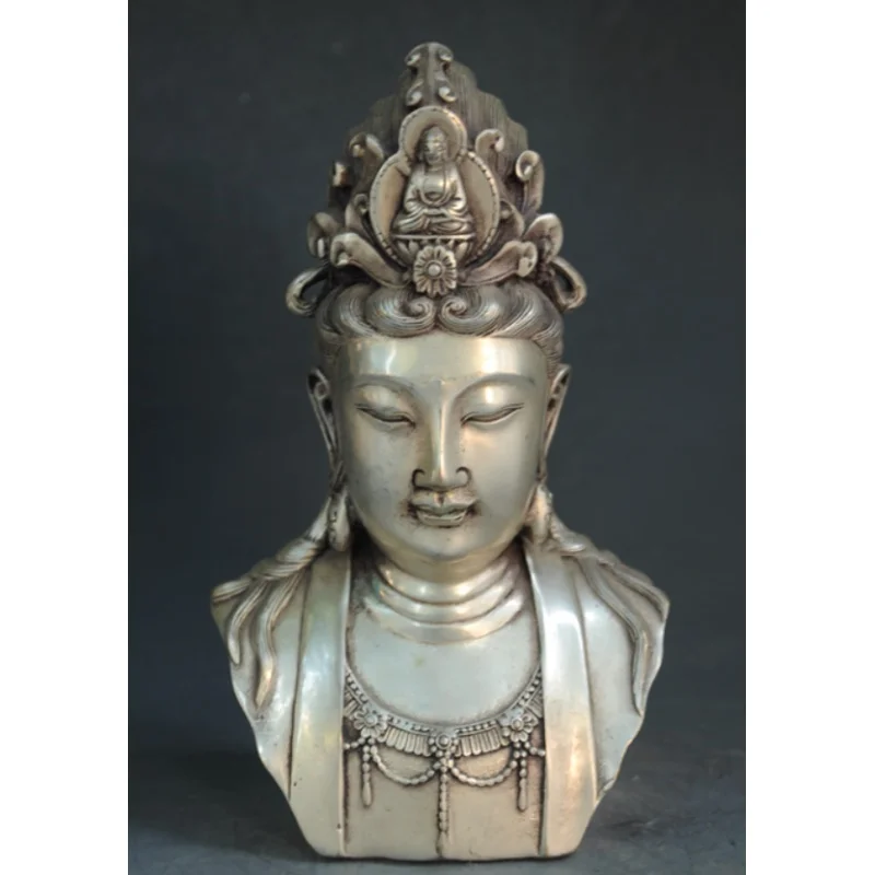 

Old Chinese buddhism Silver kwan-yin GuanYin buddha head Bust Statue