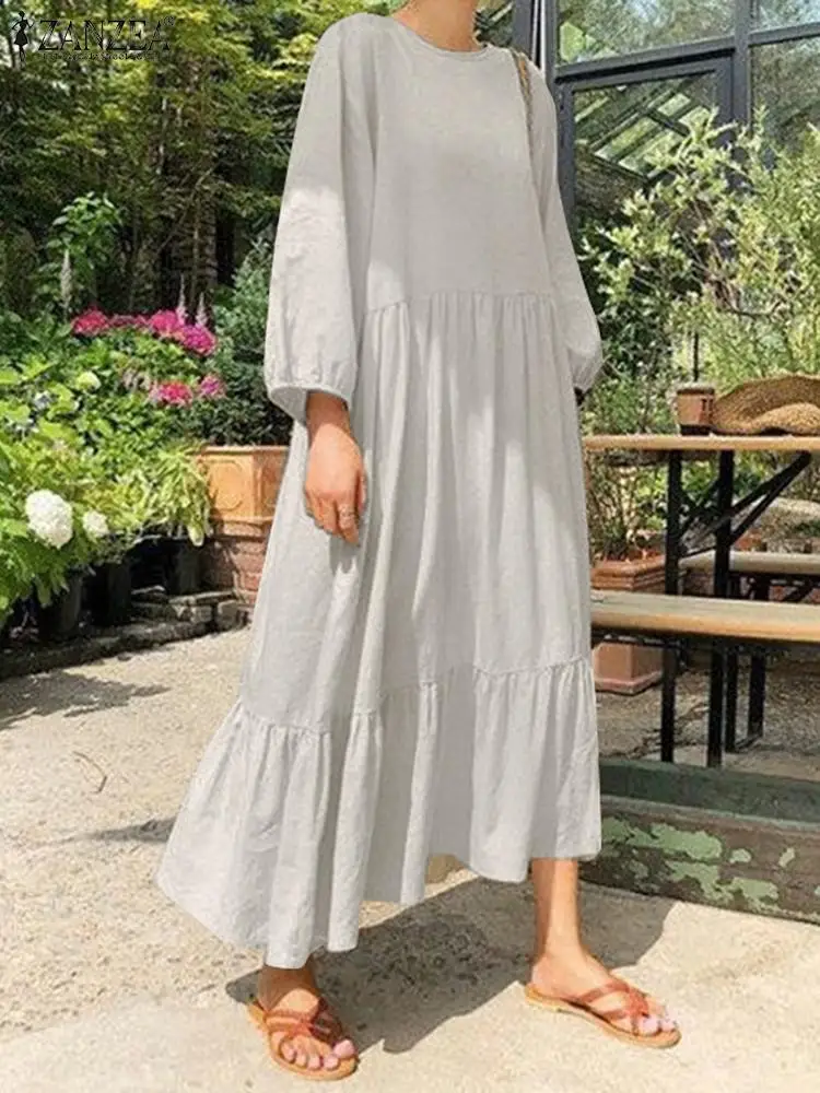 

ZANZEA Causal Elegant Dress Autumn Women Long Sleeve O-Neck Solid Color Vestido Female Vintage Sundress Holiday Party Robe 2023